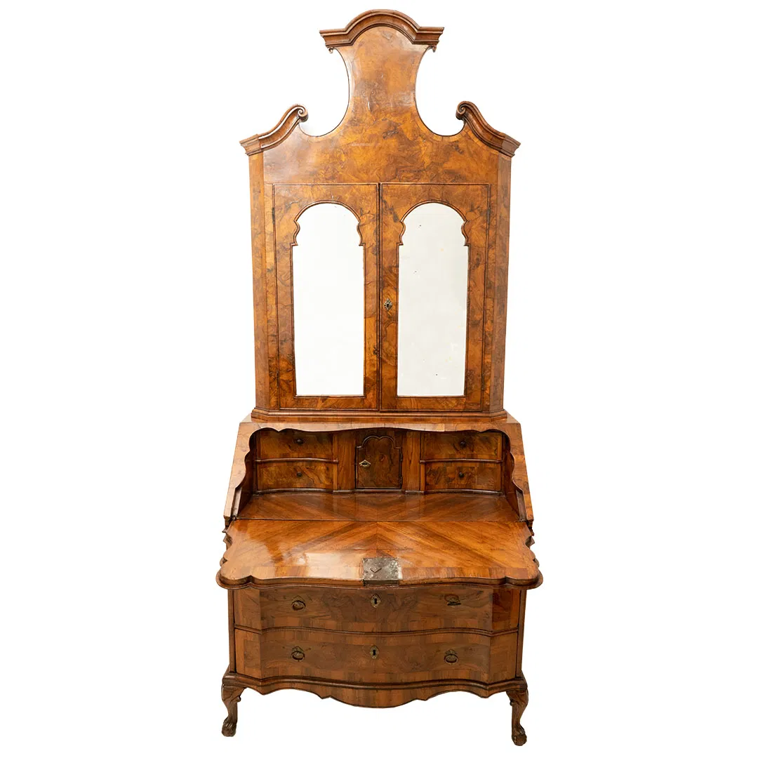 Piccolo Trumeau a due ante lastronato in radica di noce